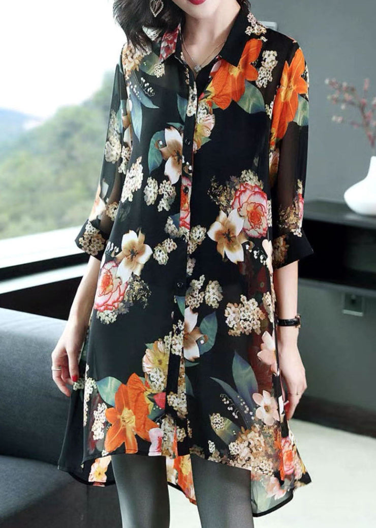 Black-purple flower Print Silk Long Blouse Tops Peter Pan Collar Button Half Sleeve