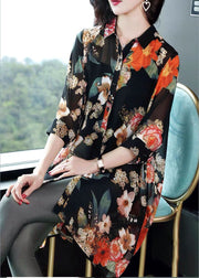 Black-purple flower Print Silk Long Blouse Tops Peter Pan Collar Button Half Sleeve