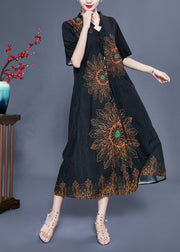 Black Print Silk Long Dress Oversized Pocket Summer