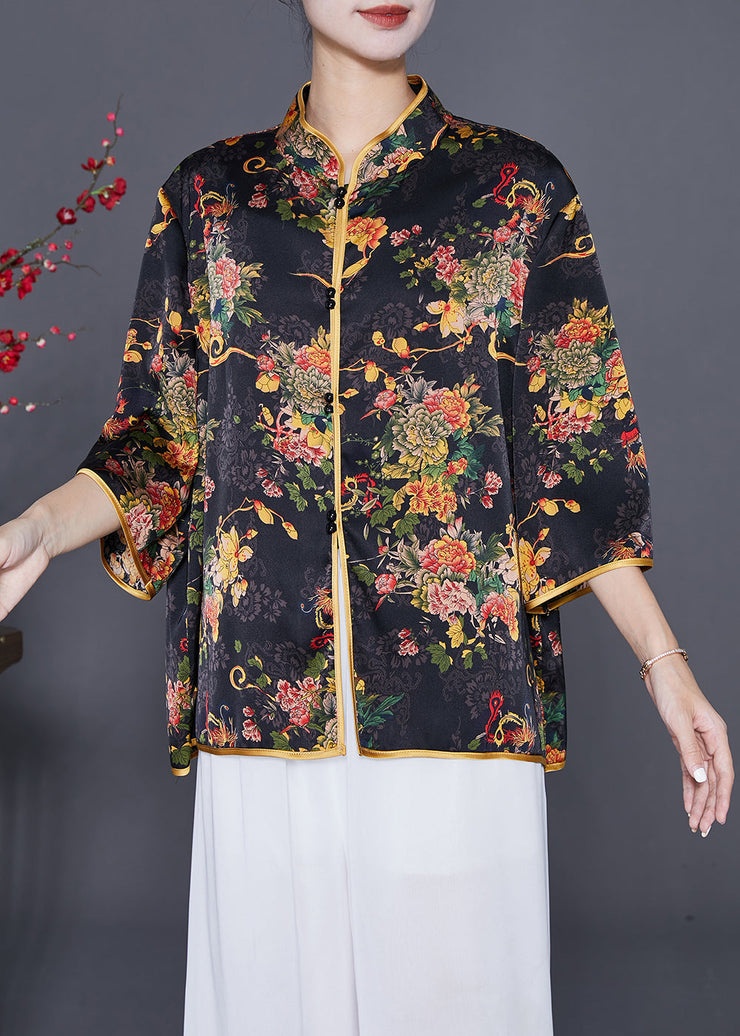 Black Print Silk Shirt Mandarin Collar Button Summer