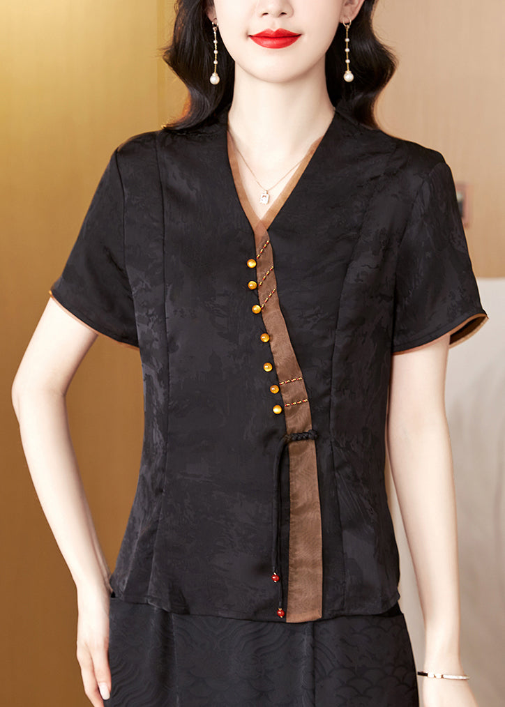 Black Print Silk Shirt V Neck Short Sleeve