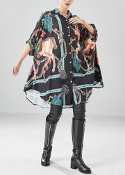 Black Print Silk Vacation Dresses Oversized Draping Batwing Sleeve