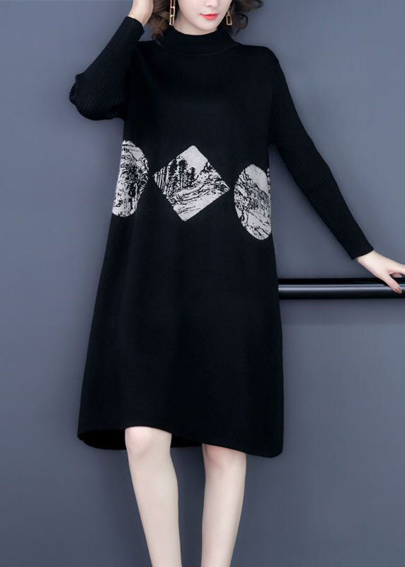 Black Print Warm Cashmere Sweater Dress Stand Collar Long Sleeve