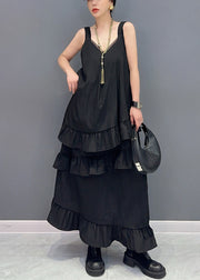 Black Ruffled Patchwork Cotton Long Dresses U Neck Summer