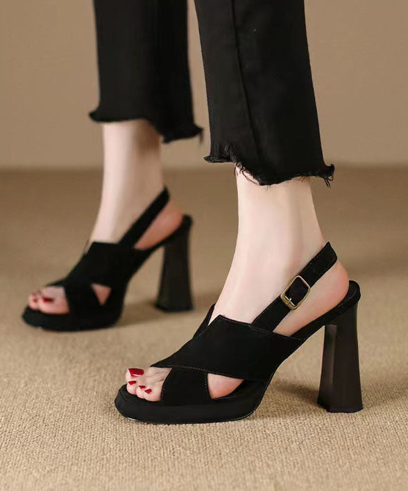 Black Sandals High Heel Sheepskin Women Splicing Peep Toe Buckle Strap