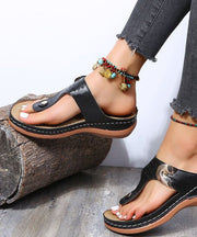 Black Sequined Rivet Splicing Beach Wedge Thong Sandals