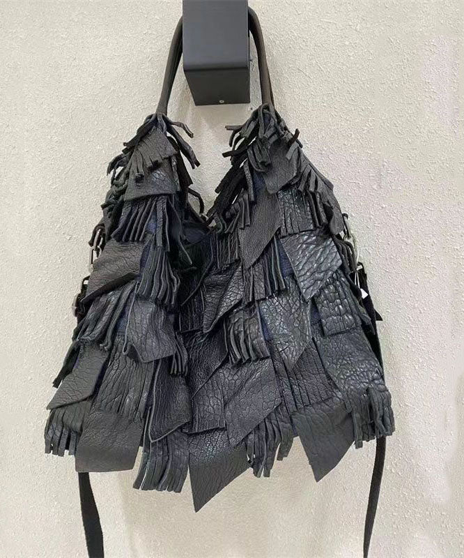 Black Sheepskin Patchwork Tassel Single Shoulder Crossbody Bag