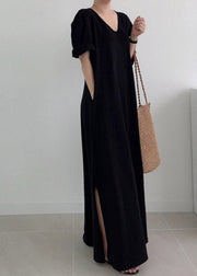 Black Side Open Knit Maxi Dress Long Sleeve