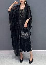 Black Side Open Silk Maxi Dress Batwing Sleeve