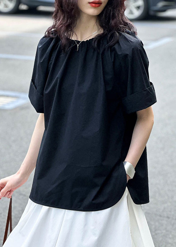 Black Side Open Solid Cotton Tops O Neck Short Sleeve