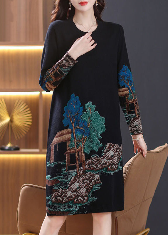 Black Side Open Wool Knit Dresses O Neck Long Sleeve