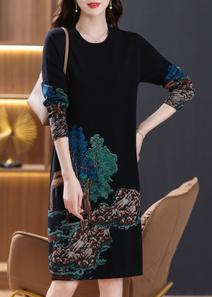 Black Side Open Wool Knit Dresses O Neck Long Sleeve