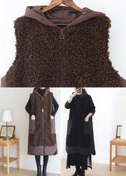 Black Side Open Woolen Cotton Hooded Waistcoat Sleeveless