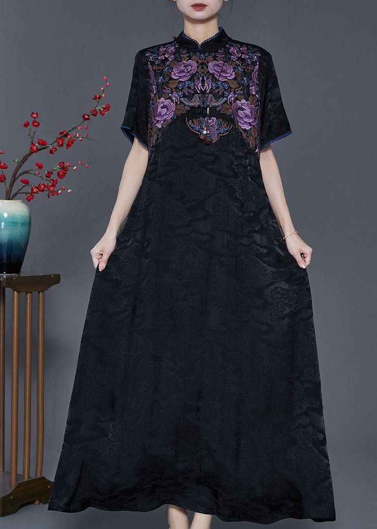 Black Silk Oriental Dresses Mandarin Collar Embroidered Summer