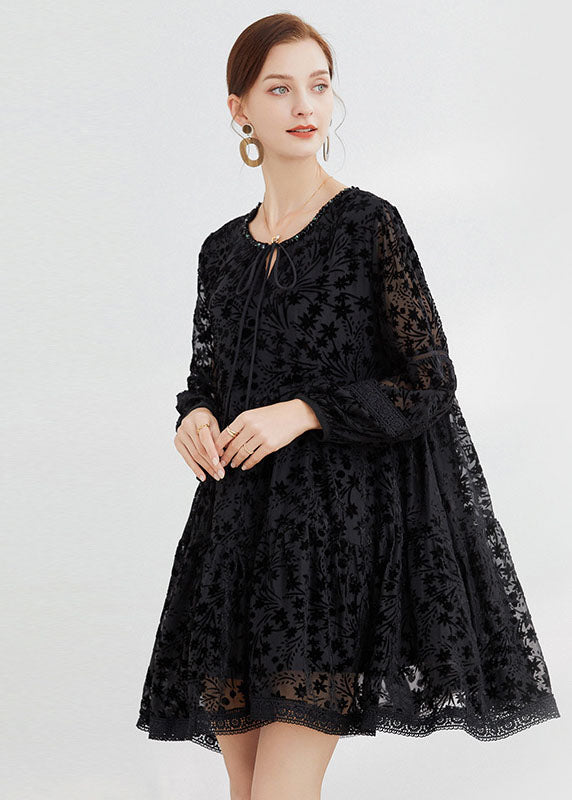 Black Silk Velour Dresses O-Neck Hollow Out Long Sleeve