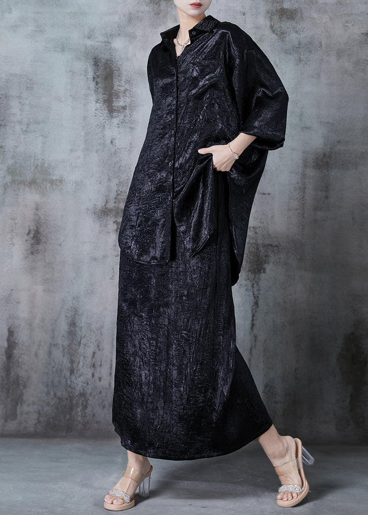 Black Silk Women Sets 2 Pieces Oversized Wrinkled Fall