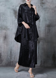 Black Silk Women Sets 2 Pieces Oversized Wrinkled Fall