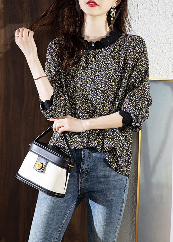 Black Slim Fit Chiffon Shirts Stand Collar Print Spring