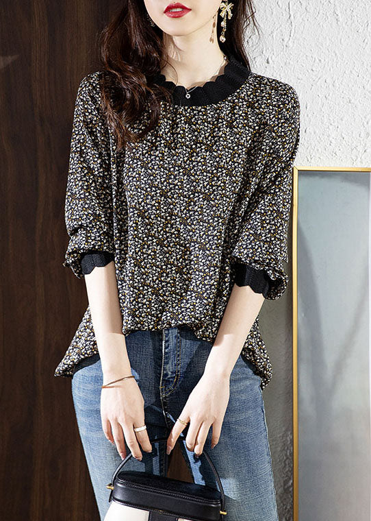 Black Slim Fit Chiffon Shirts Stand Collar Print Spring