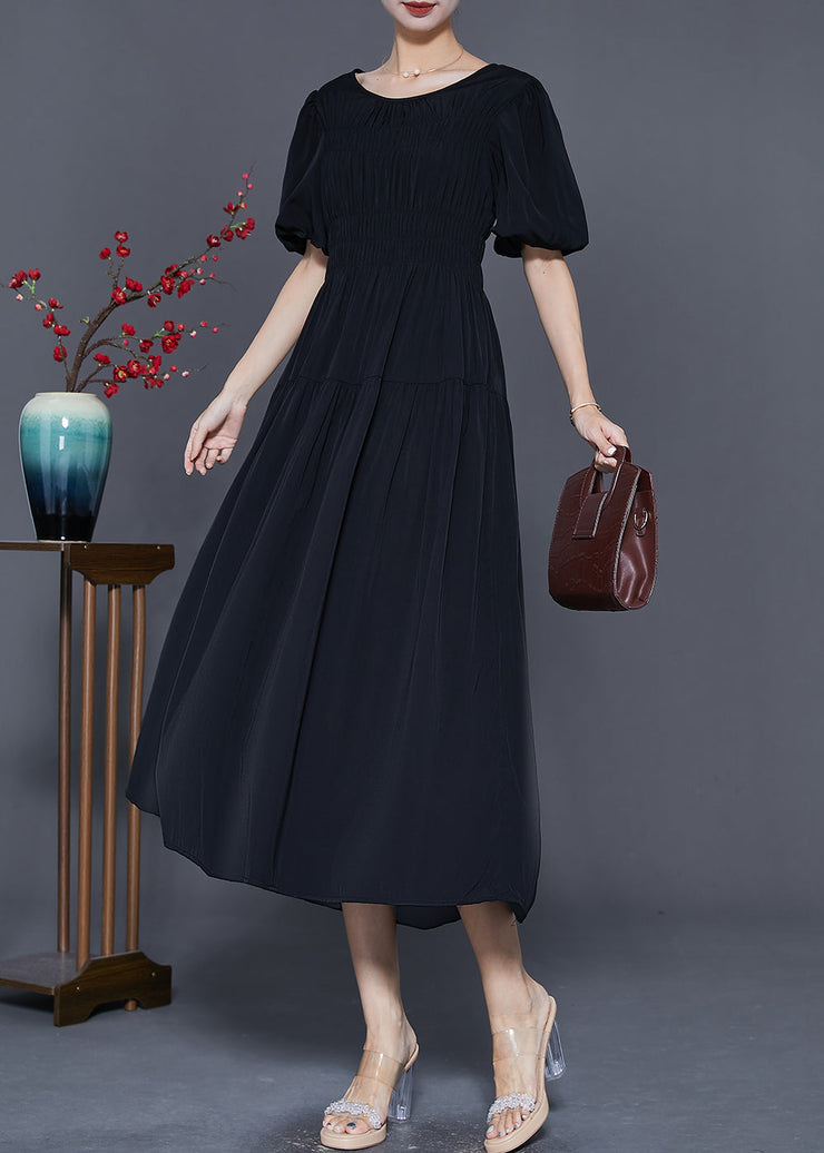 Black Slim Fit Cotton Dresses O-Neck Cinched Puff Sleeve