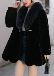 Black Slim Fit Mink Velvet Coat Fox Collar Pockets Winter