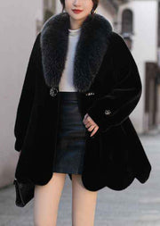 Black Slim Fit Mink Velvet Coat Fox Collar Pockets Winter