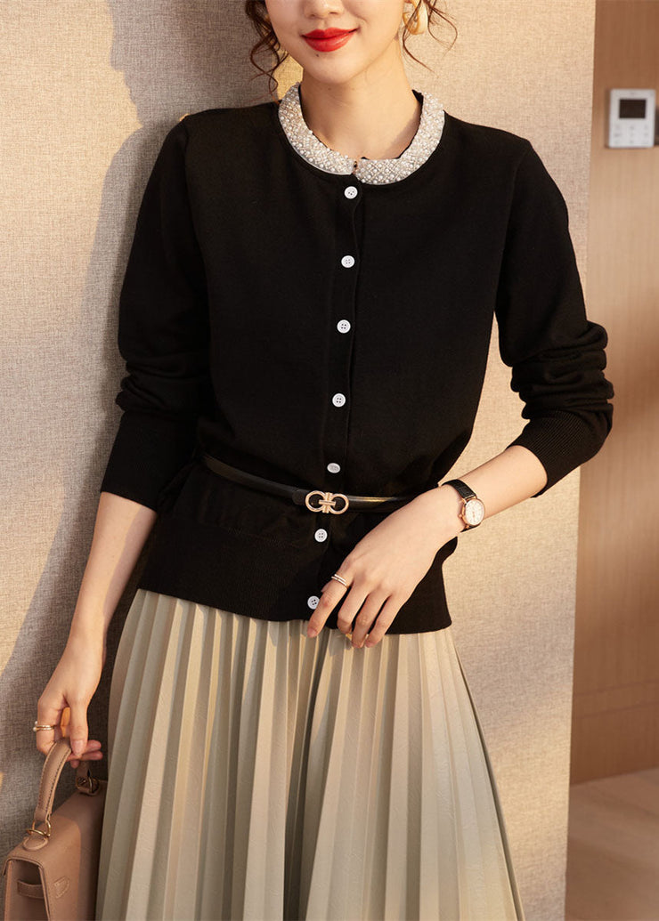 Black Slim Fit Wool Knit Cardigan O-Neck Nail Bead Spring