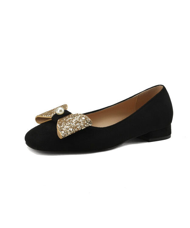 Black Soft Comfy Women Bow Zircon Splicing Flats