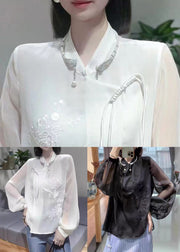 Black Solid Button Chiffon Blouses Stand Collar Lantern Sleeve