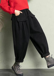 Black Solid Cotton Harem Pants Elastic Waist Spring