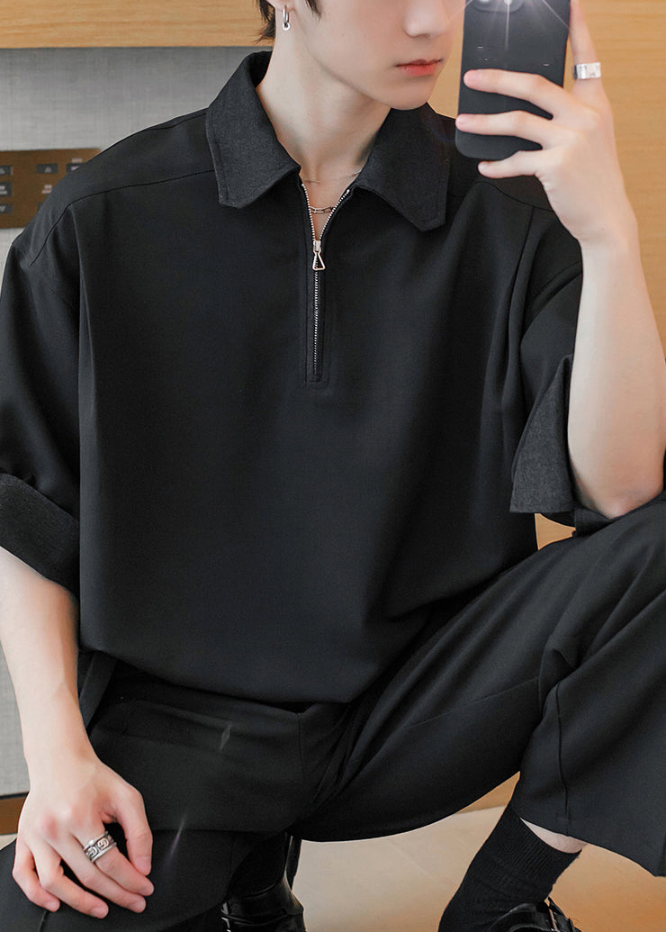 Black Solid Cotton Men Polo Shirt Peter Pan Collar Half Sleeve