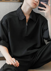 Black Solid Cotton Men Polo Shirt Peter Pan Collar Half Sleeve