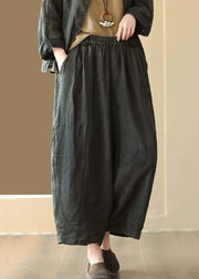 Black Solid Cozy Linen Wide Leg Pants Elastic Waist Summer