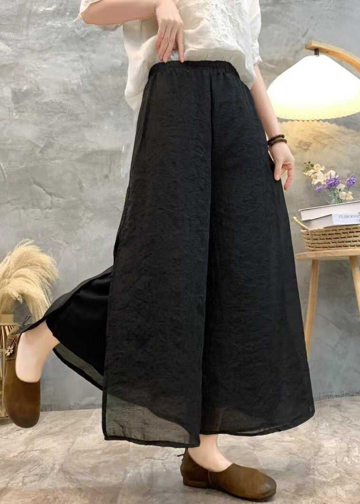 Black Solid Linen Summer Wide Leg Pants High Waist