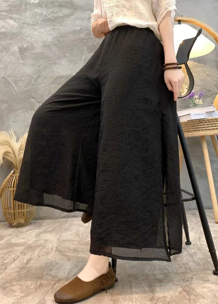 Black Solid Linen Summer Wide Leg Pants High Waist