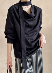 Black Solid Loose Cotton Shirt Bow Long Sleeve