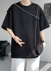 Black Solid Patchwork Cotton T Shirt Men O Neck Short Sleeve