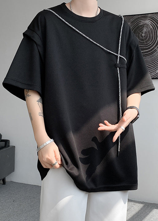 Black Solid Patchwork Cotton T Shirt Men O Neck Short Sleeve