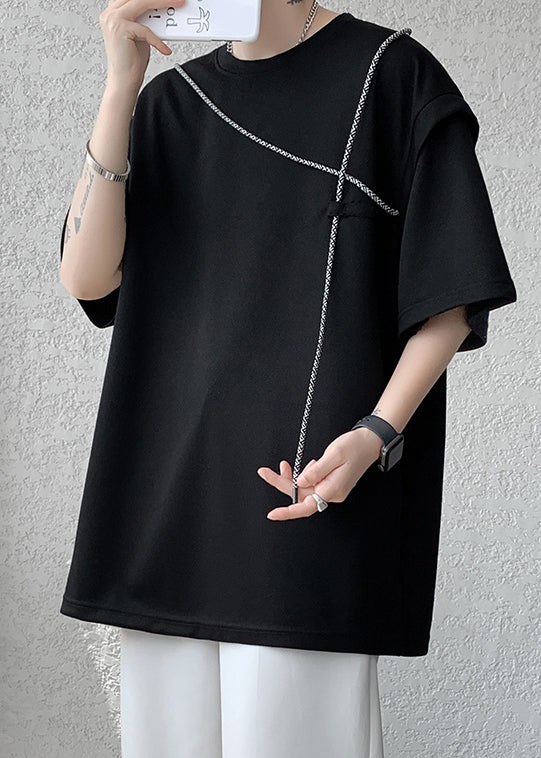 Black Solid Patchwork Cotton T Shirt Men O Neck Short Sleeve