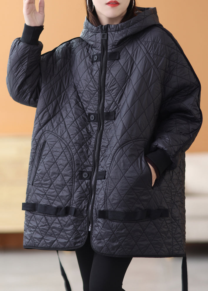 Black Solid Patchwork Thick Parka Zip Up Long Sleeve