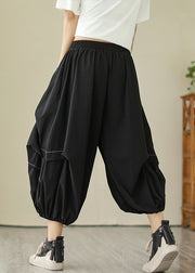 Black Solid Wrinkled Cotton Crop Pants High Waist Summer