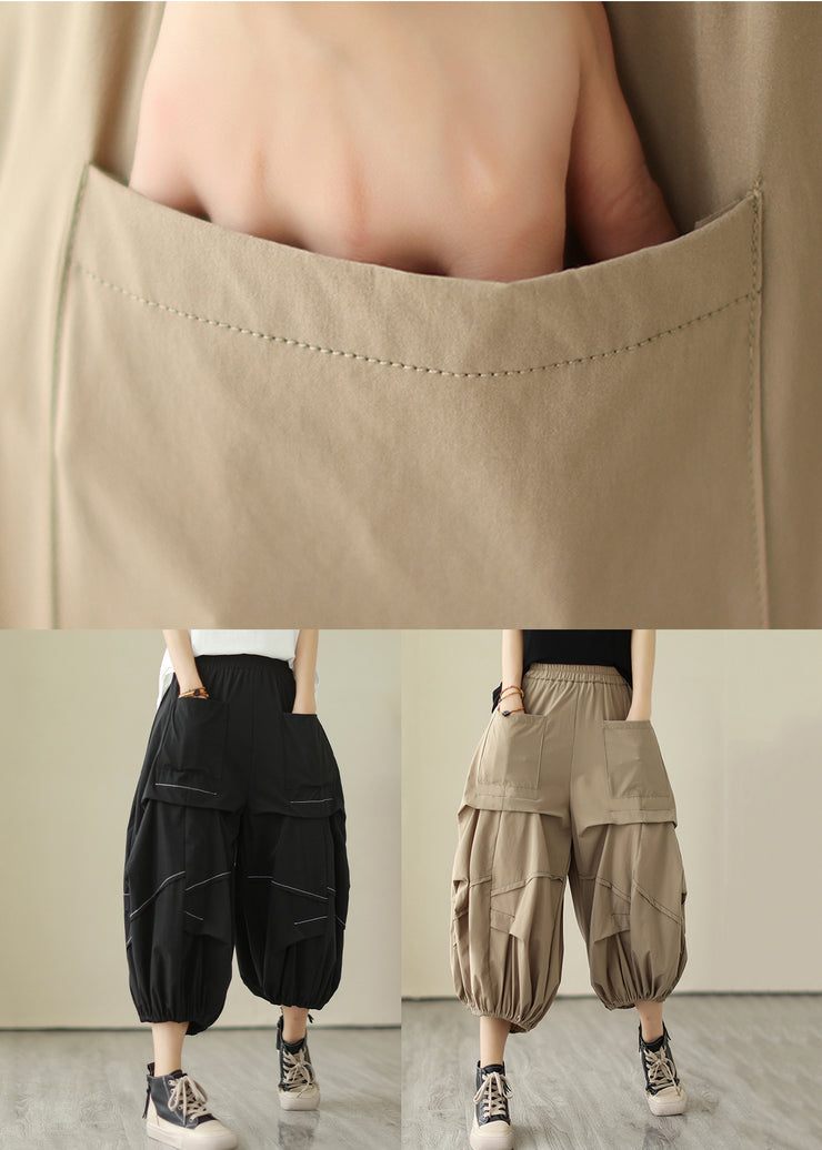 Black Solid Wrinkled Cotton Crop Pants High Waist Summer