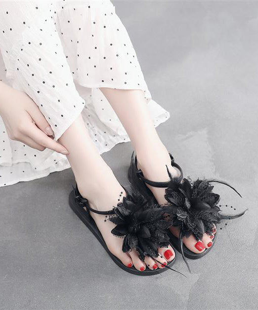 Black Splicing Floral Beach Holiday For Flat Sandals