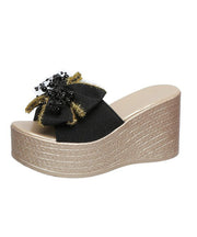 Black Splicing Wedge Bow Slide Sandals Peep Toe