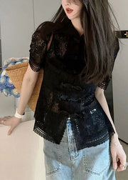 Black Stand Collar Button Lace Shirt Puff Sleeve