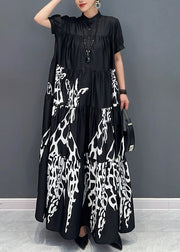 Black Stand Collar Button Maxi Dress Short Sleeve