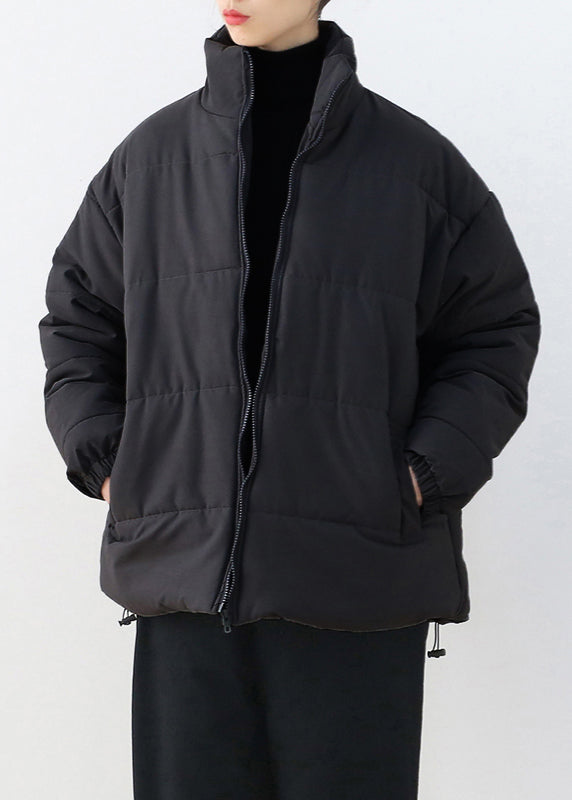 Black Stand Collar Drawstring Thick Parka Winter