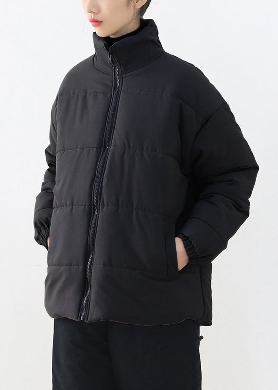 Black Stand Collar Drawstring Thick Parka Winter