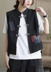 Black Stand Collar Patchwork Print Pockets Waistcoat Sleeveless