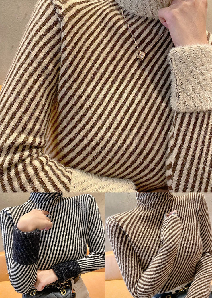 Black Stand Collar Striped Thick Knit Sweater Bottoming Shirt